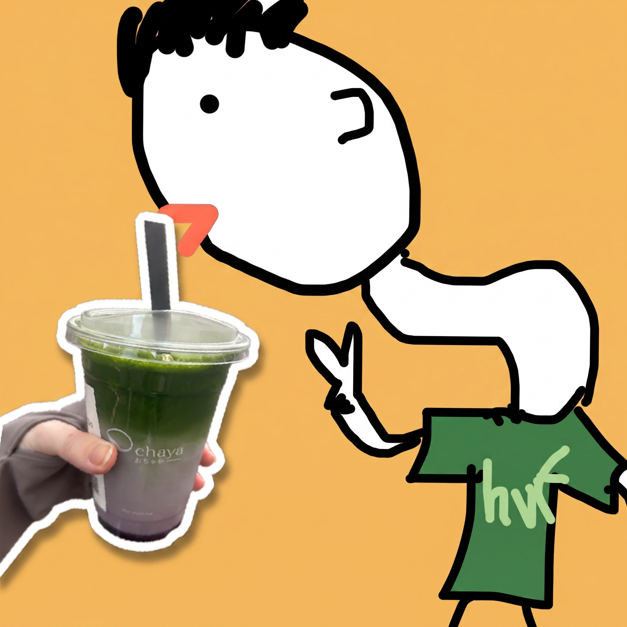Un dessin rigolo qui boit une gorgée dans une photo de matcha en sticker