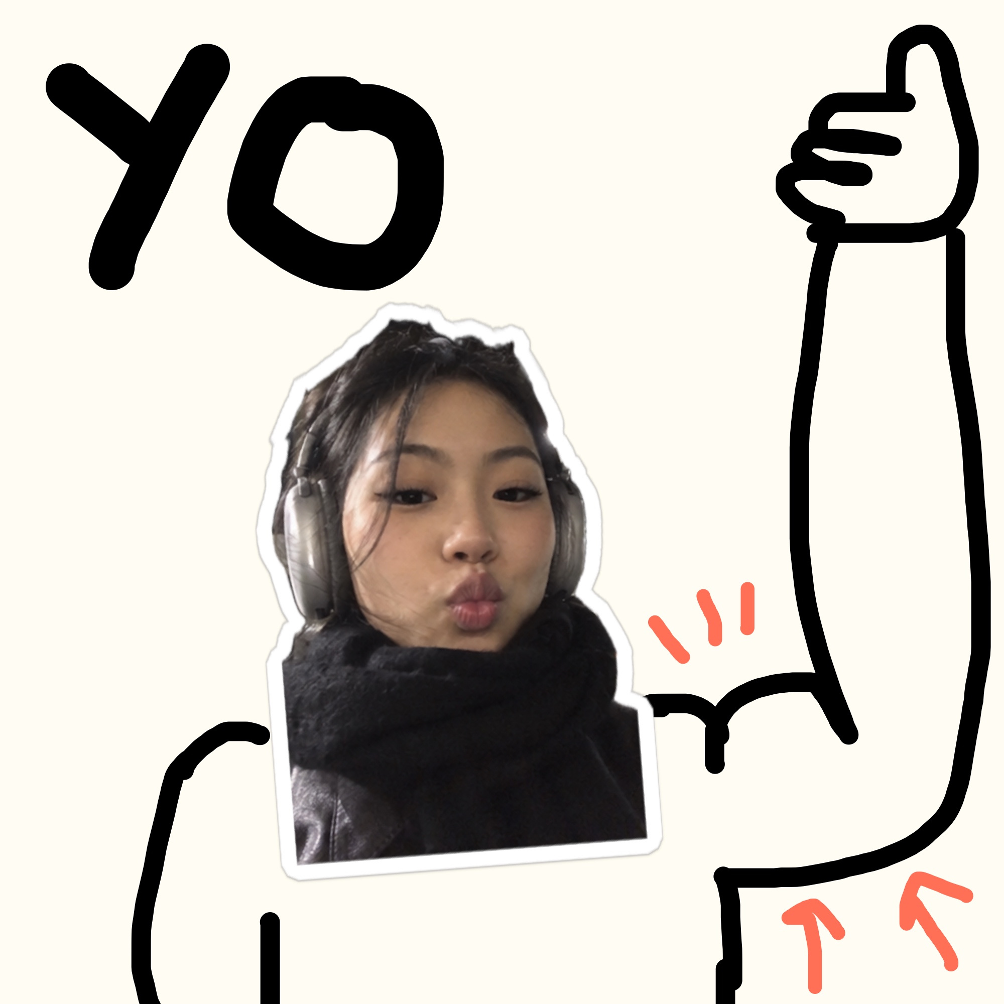 un selfie en sticker sous un YO écrit à la main, à côté d'un énorme pouce levé dessiné