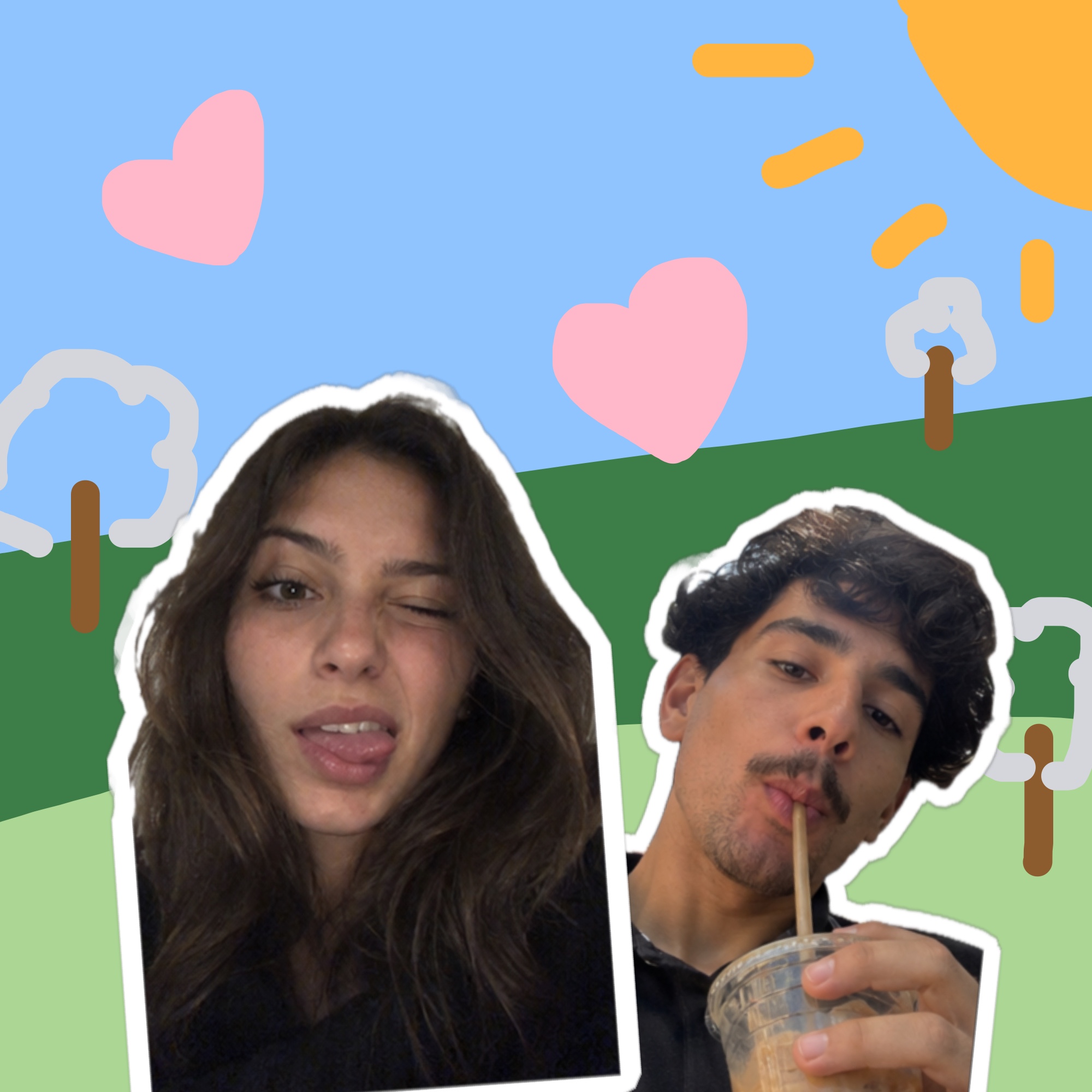 Deux personnes avec des cafés glacés, des cœurs roses et un soleil dessiné à la main